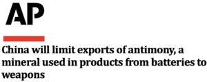 China will limit exports of antimony, a mineral used in products from batteries to weapons